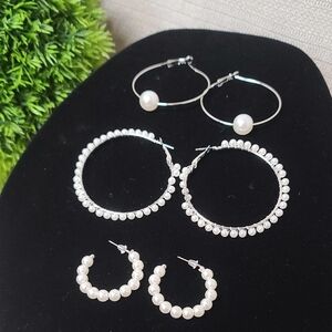 Elegant Silver Tone & Faux White Pearl Hoop Earrings Set Of 3 NWT